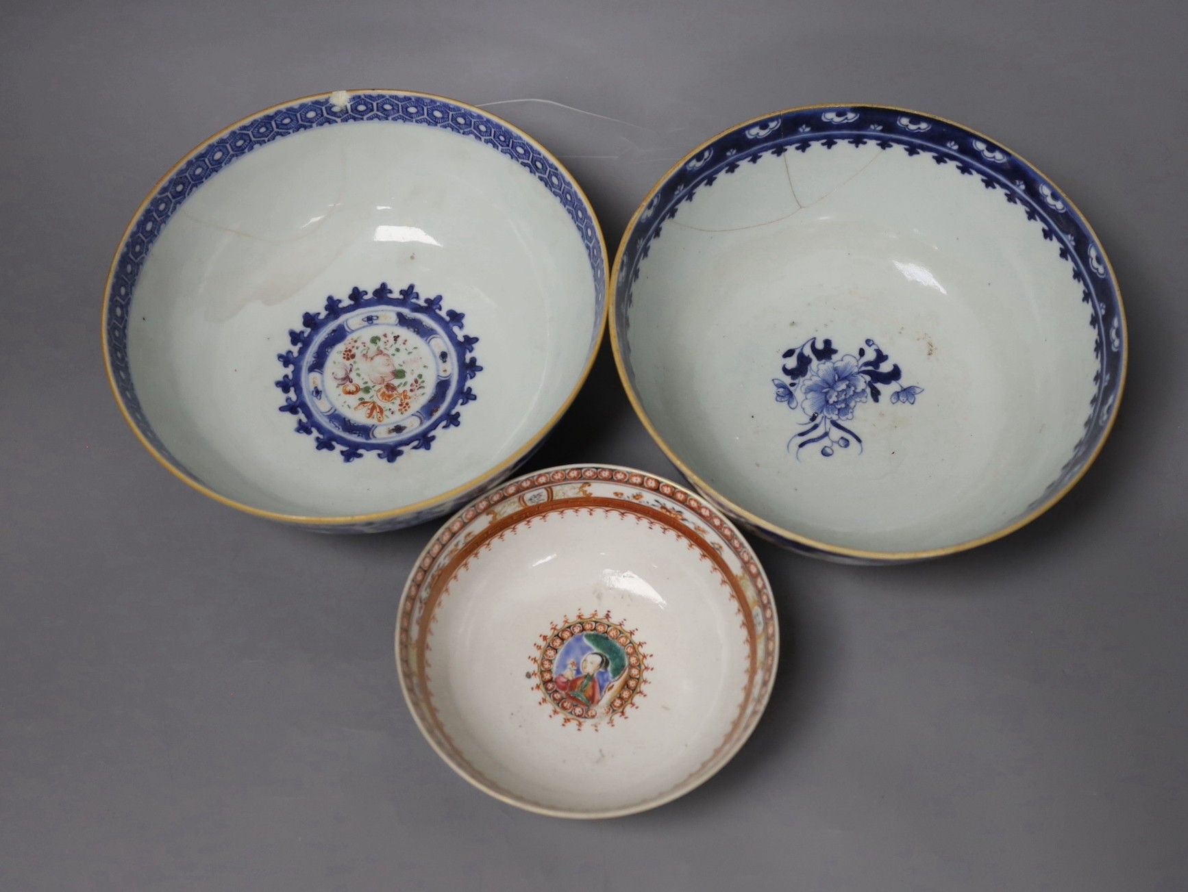 Three 18th century Chinese export famille rose bowls (two a/f), largest bowl 19.5 cms diameter